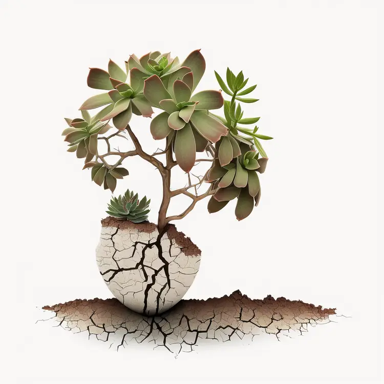Succulent Plant in Cracked Pot with Dry Soil