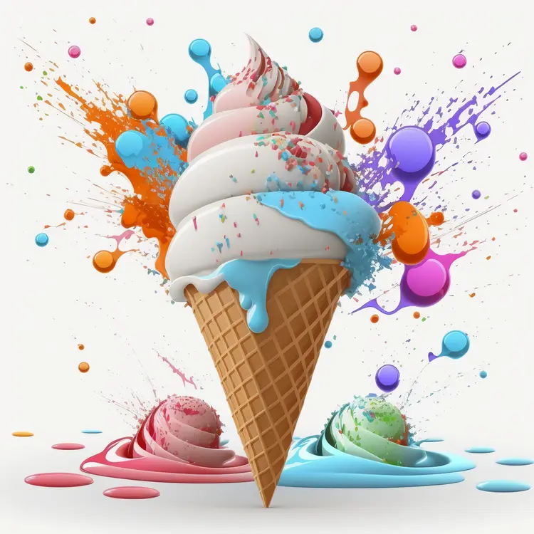 Colorful Ice Cream Cone with Splashes