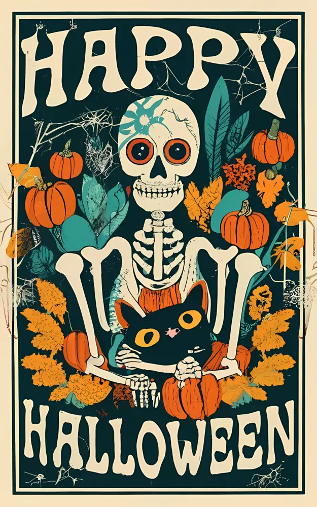 Skeleton with Pumpkins and Cat for Halloween