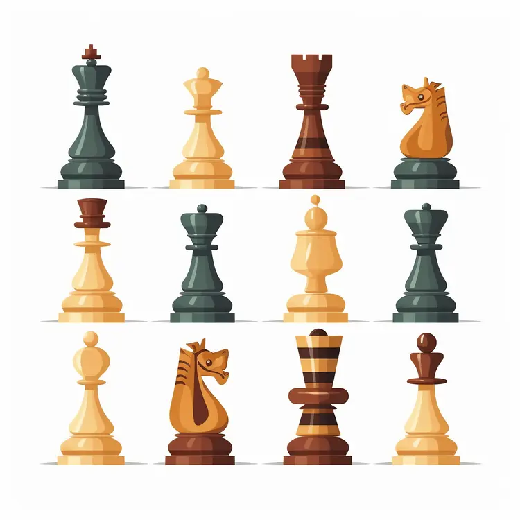 Various Chess Pieces in Flat Cartoon Style