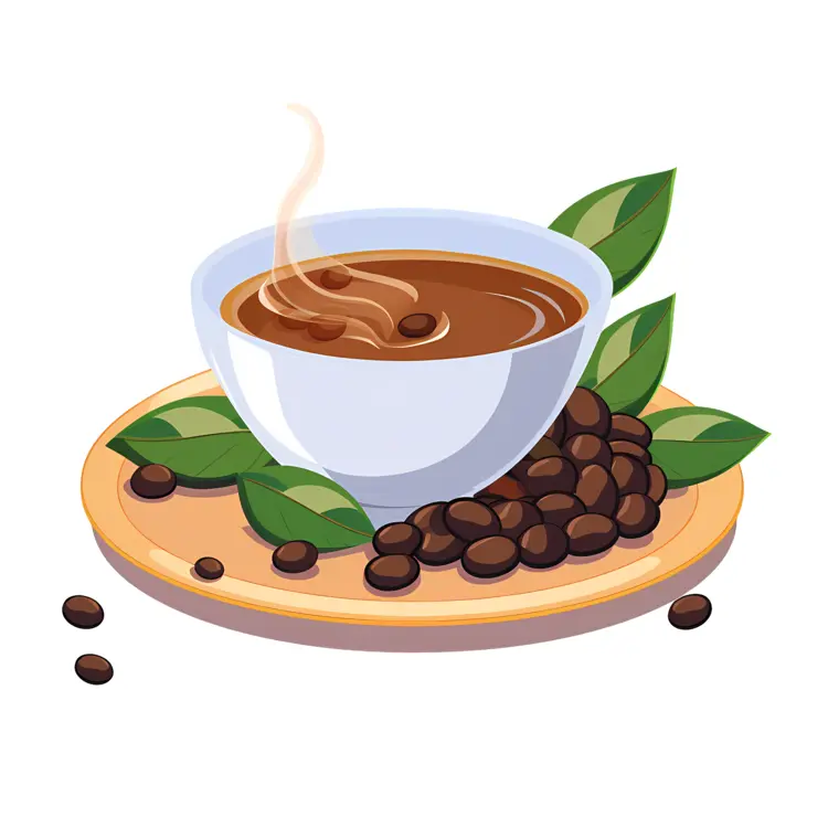 Steaming Coffee Cup with Beans and Leaves
