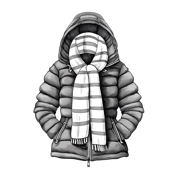 Gray Puffer Jacket with Striped Scarf