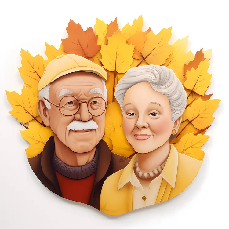 Elderly Couple Portrait with Autumn Leaves for Grandparents Day