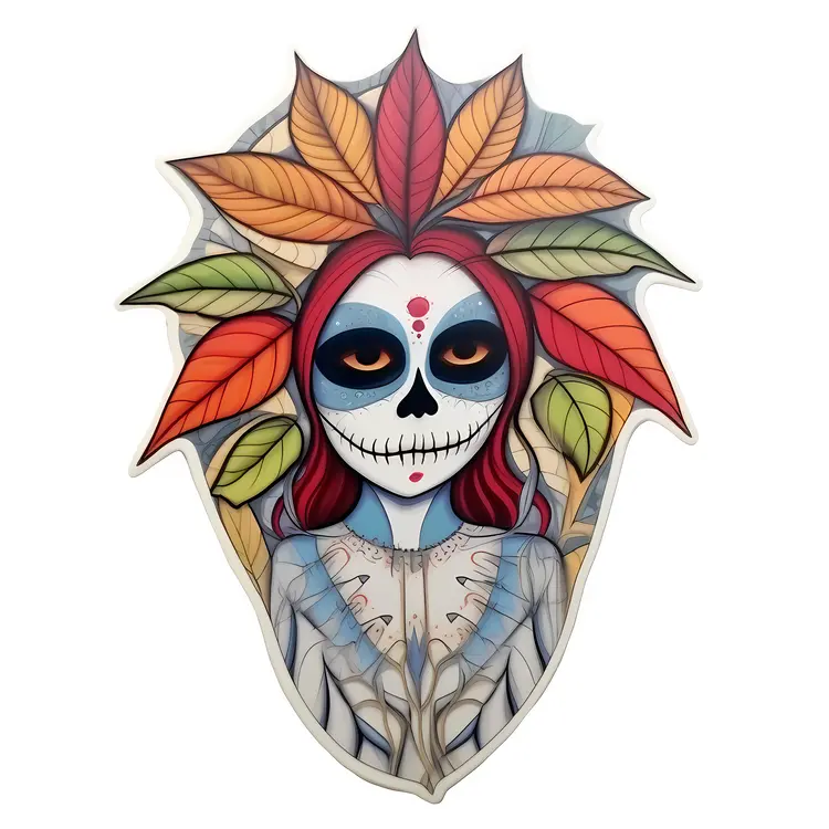 Colorful Sugar Skull with Leaves for Day of the Dead Celebration