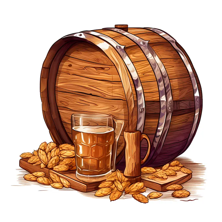 Wooden Beer Barrel with Glass and Hops