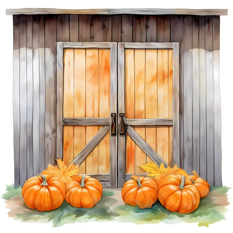 Rustic Barn with Pumpkins and Leaves