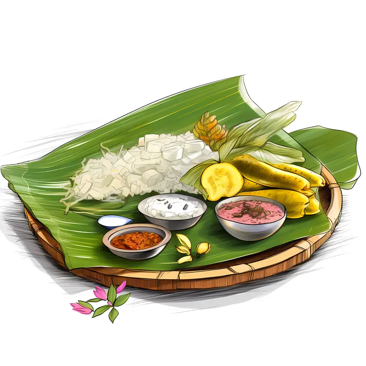 Traditional Meal on Banana Leaf with Rice and Sauce
