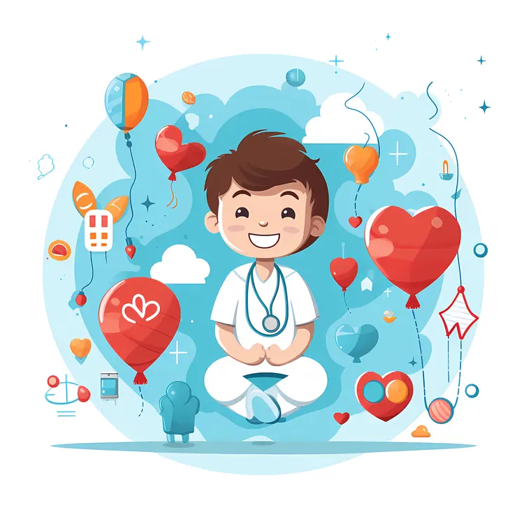 Happy Cartoon Doctor with Balloons and Hearts