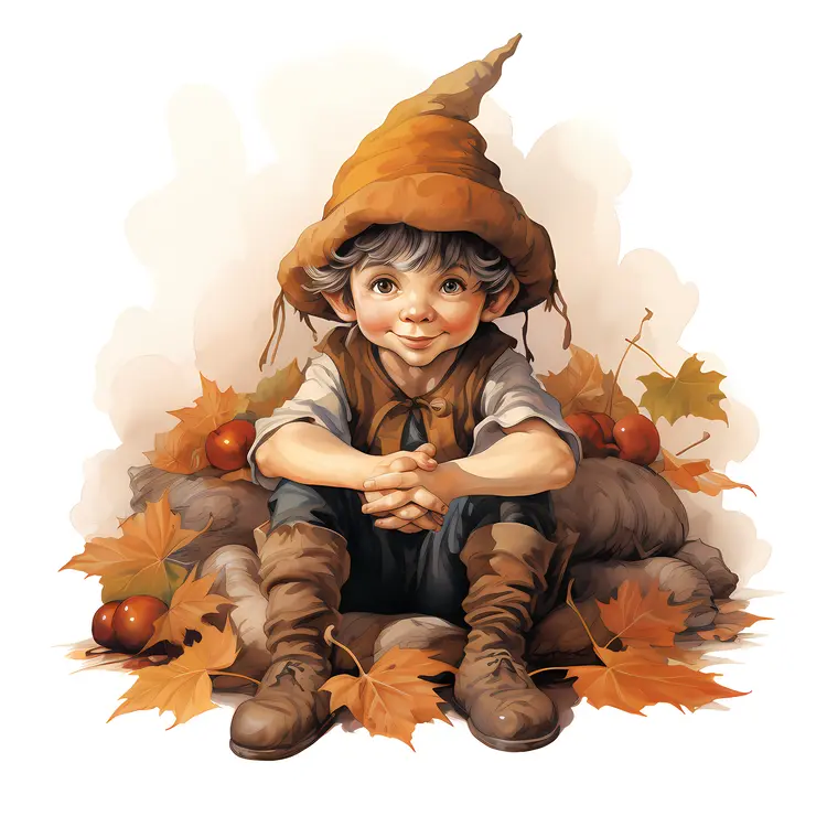 Elf Sitting on the Ground with Autumn Leaves