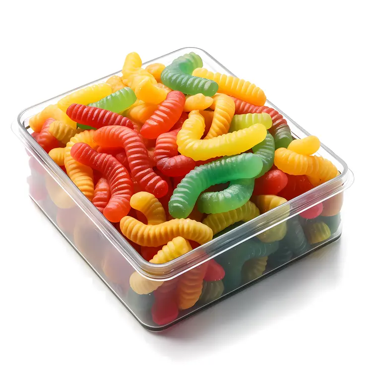 Colorful Gummy Worms in a Clear Container
