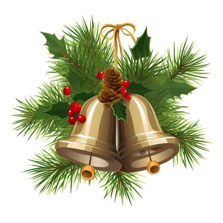 Festive Christmas Bells with Pine Branches and Red Berries