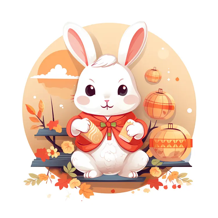 White Rabbit with Lanterns in Orange Outfit