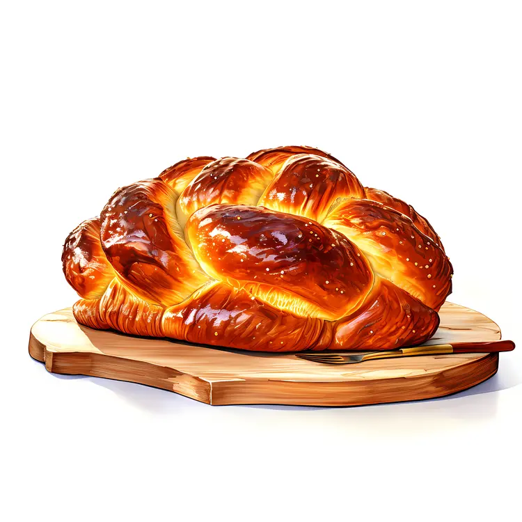 Golden Braided Bread on Wooden Board