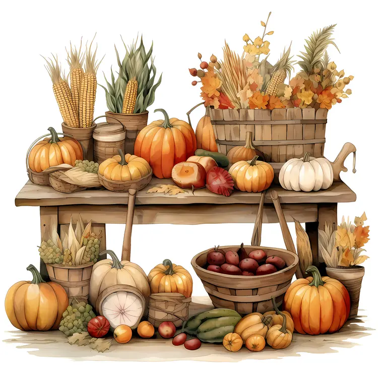 Pumpkins and Corn on a Table for Thanksgiving