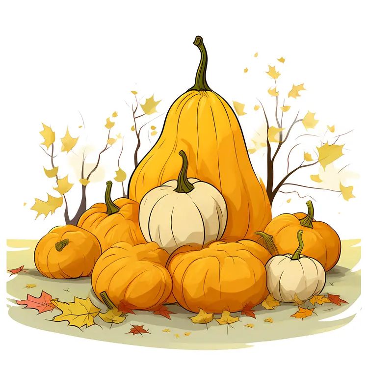 Beautiful Pumpkins with Autumn Leaves