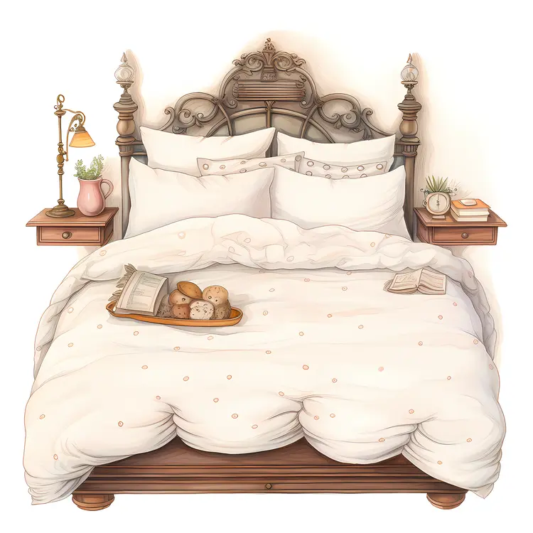 Classic Bed with White Bedding and Nightstand