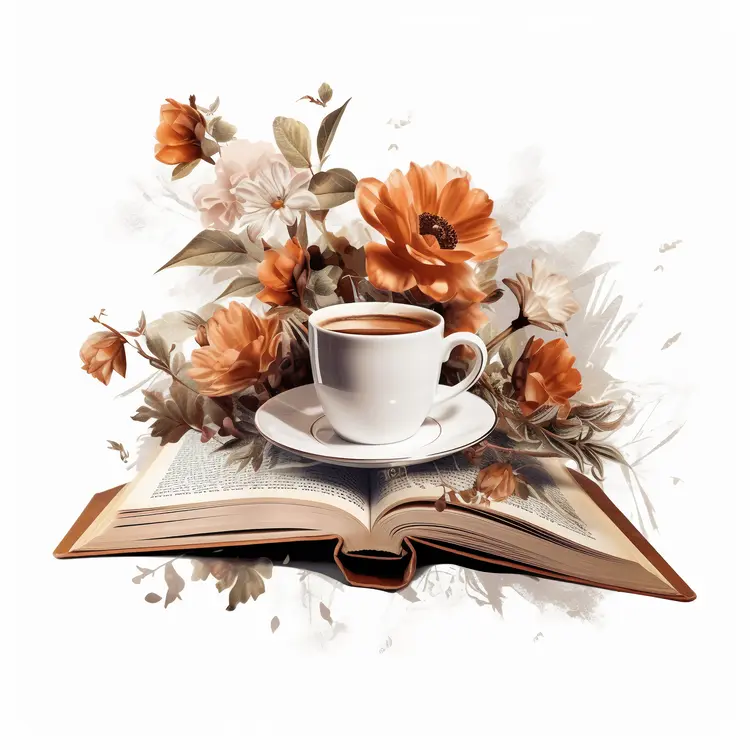 Coffee Cup with Flowers and Open Book