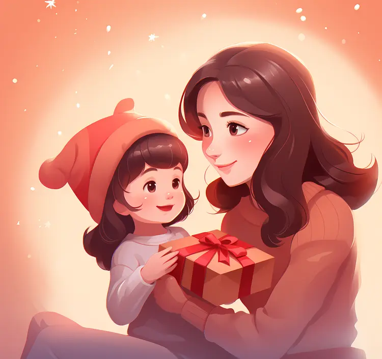 Mother and Child with Christmas Gift