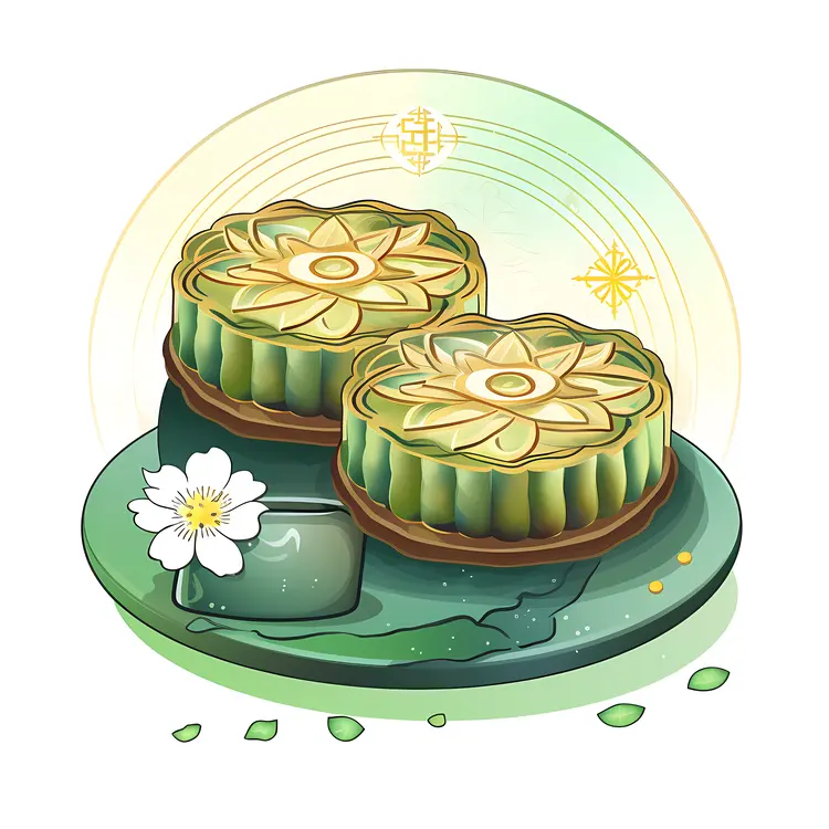 Green Mooncakes with Flower Design on Plate