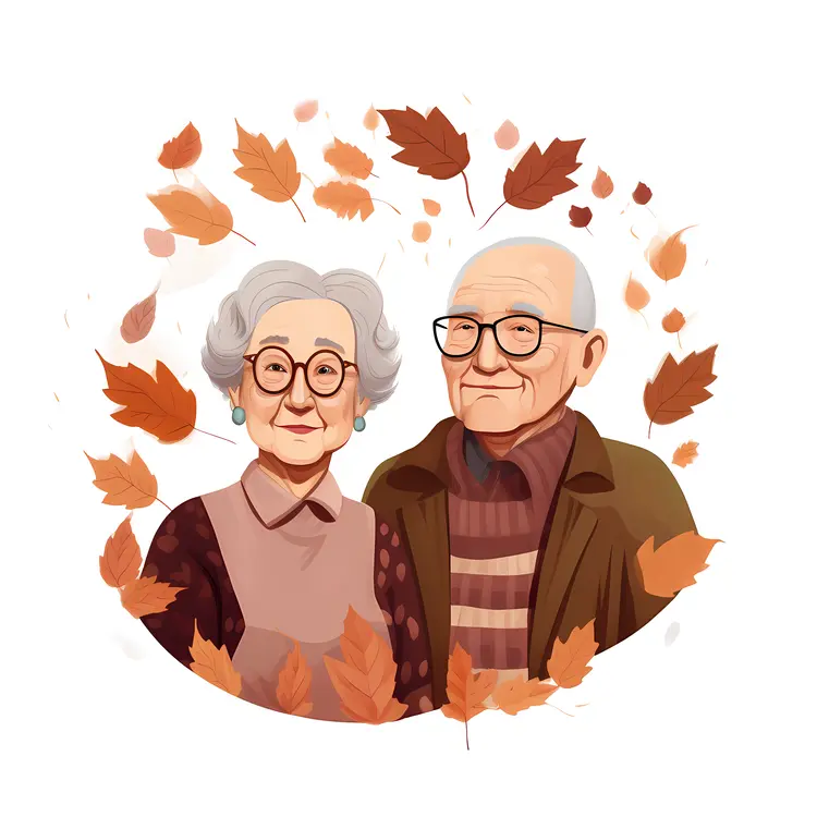 Elderly Couple with Autumn Leaves