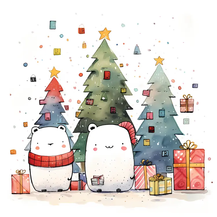 Cute Bears with Christmas Trees and Gifts