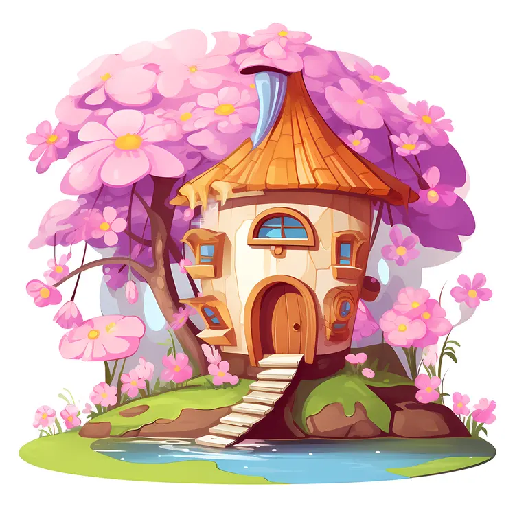 Small Cute Doodle House with Cherry Blossom Tree