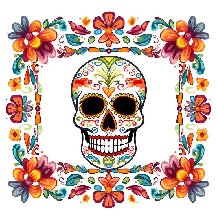 Detailed Skull and Flowers Decorative Frame for Day of the Dead
