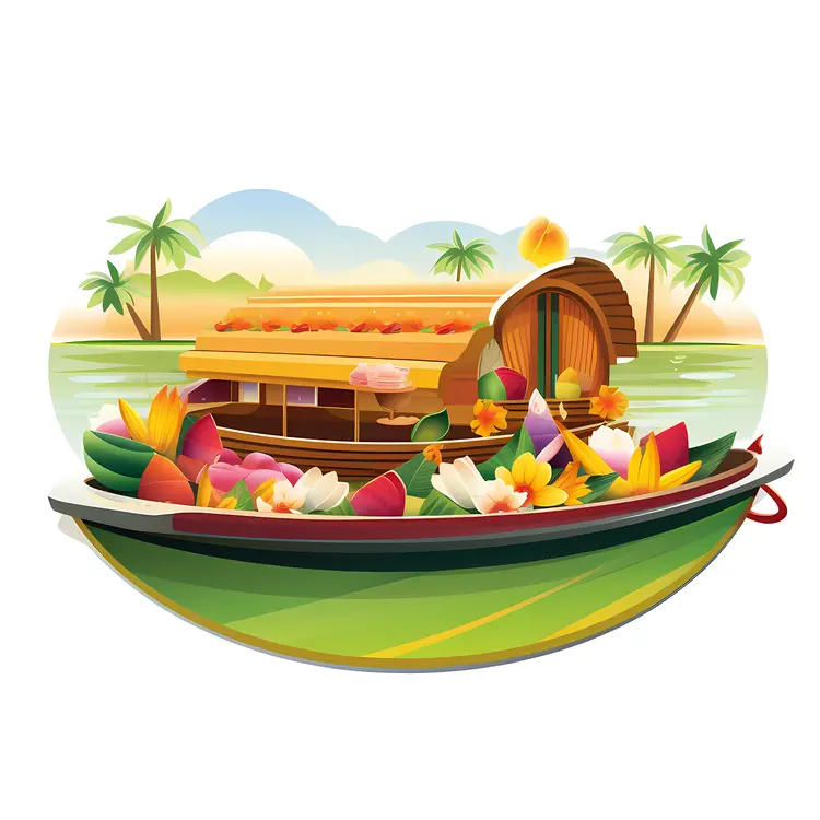 Houseboat with Flowers in Scenic Waters