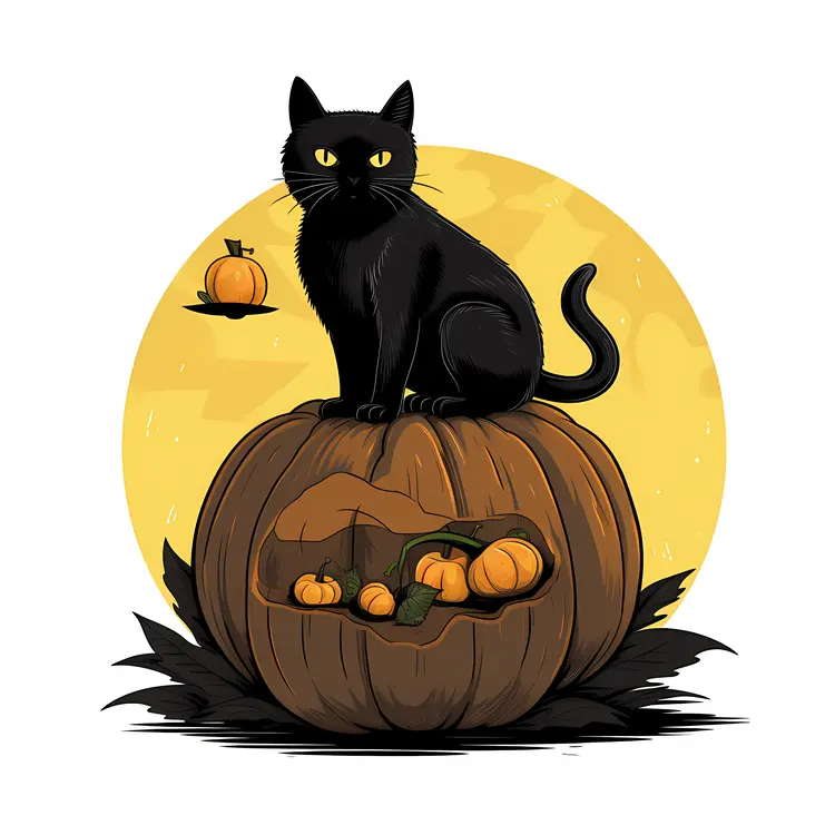 Black Cat on Pumpkin with Halloween Moon