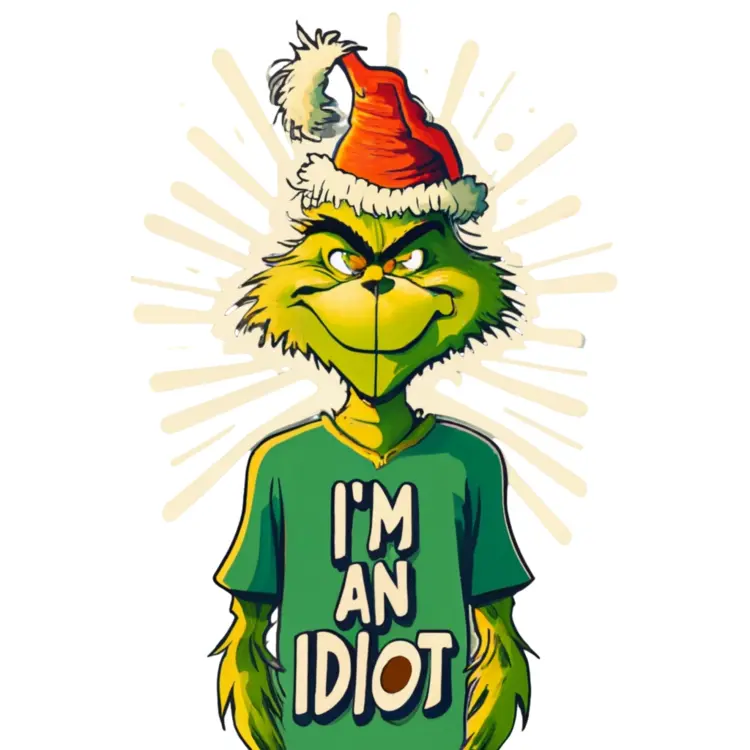 Grinch in Santa Hat with I'm an Idiot Shirt