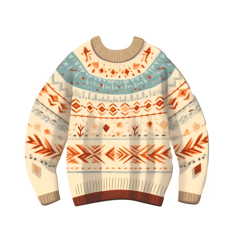 Cozy Knitted Sweater with Blue and Orange Patterns