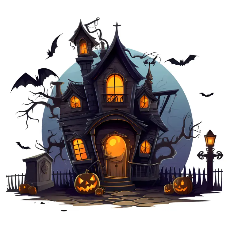 Haunted House with Bats and Pumpkins