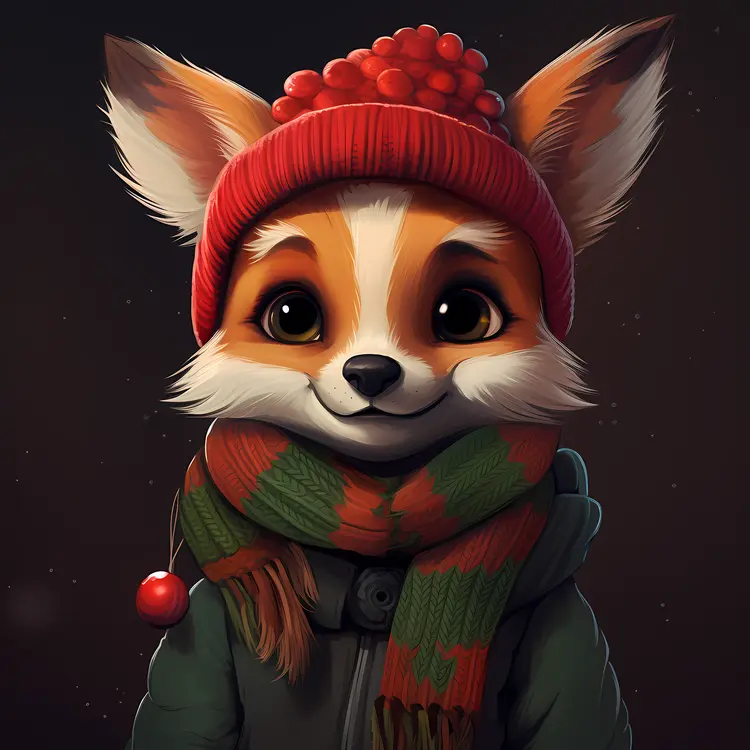 Cute Fox in Red Hat and Scarf
