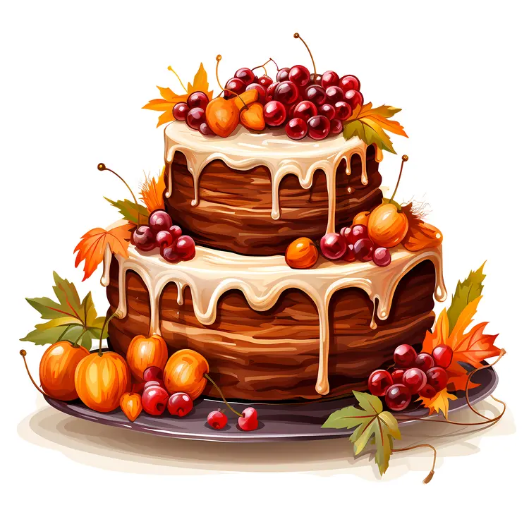 Chocolate Cake with Fruits and Leaves