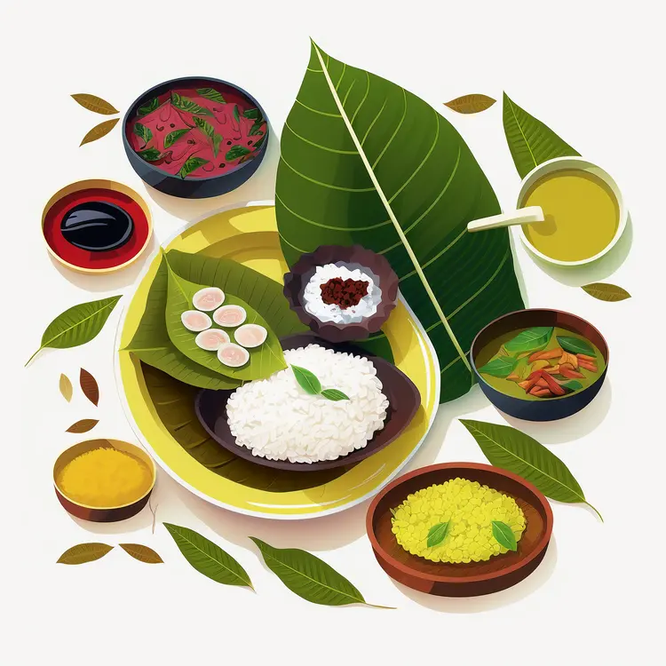 Traditional Cuisine with Leaves and Bowls