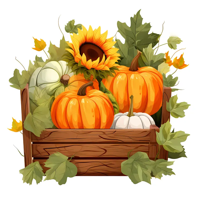 Autumn Pumpkins and Sunflowers in Wooden Crate