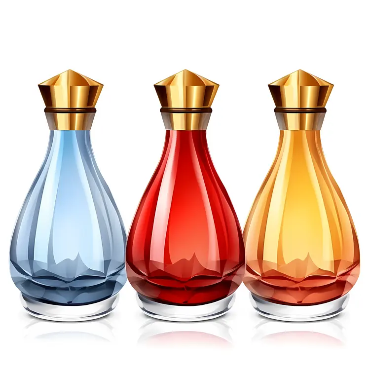 Elegant Blue, Red, and Orange Perfume Bottles