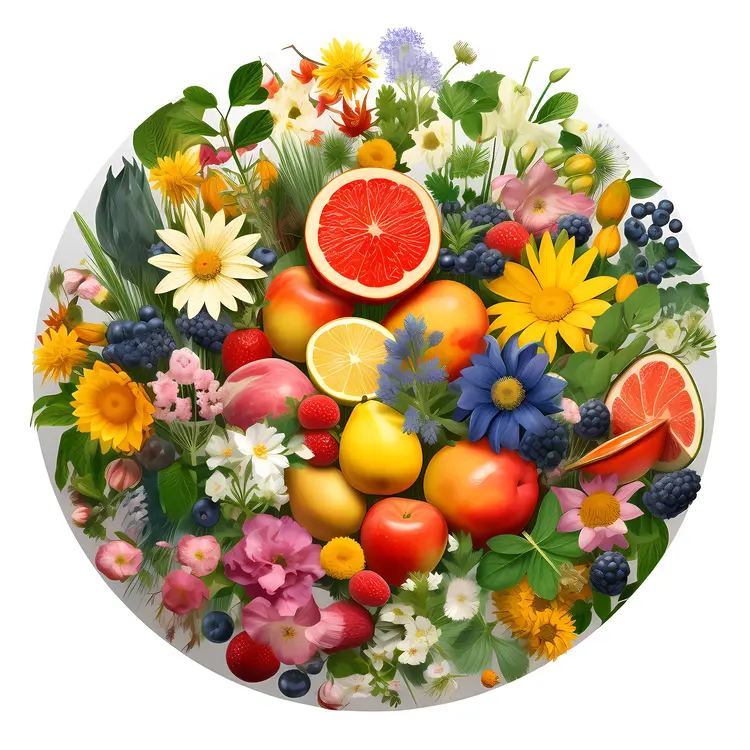 Colorful Arrangement of Fruits and Flowers