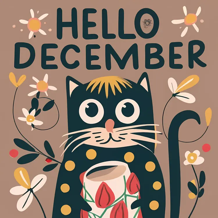 Hello December Text with Cat and Flowers