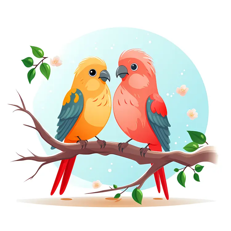 Colorful Parrots on a Branch in Nature Illustration