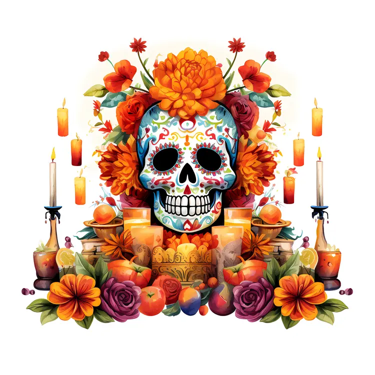 Colorful Decorated Skull with Flowers and Candles for Day of the Dead
