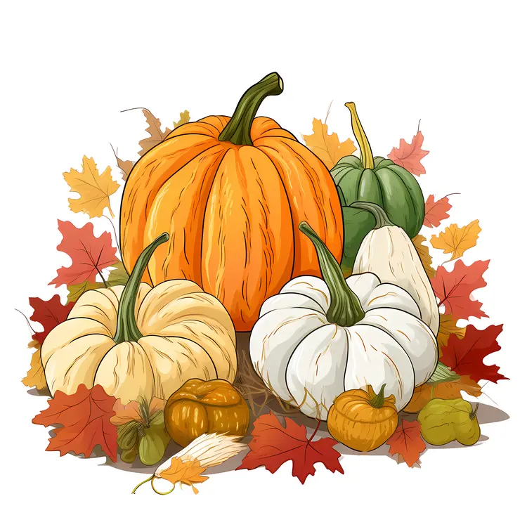Pumpkins and Gourds with Autumn Leaves