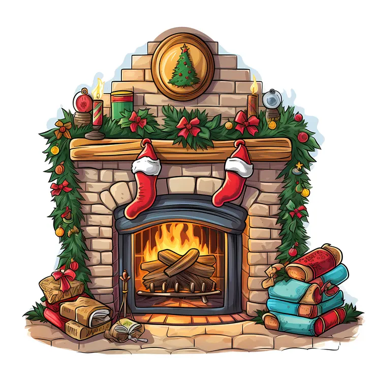 Christmas Fireplace with Stockings and Logs