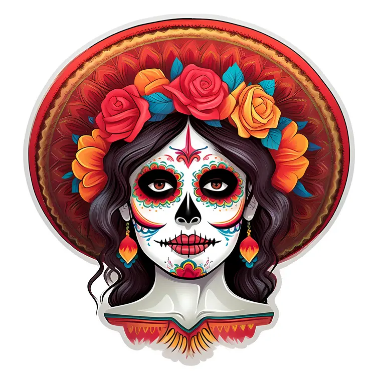 Colorful Sugar Skull with Hat and Flowers