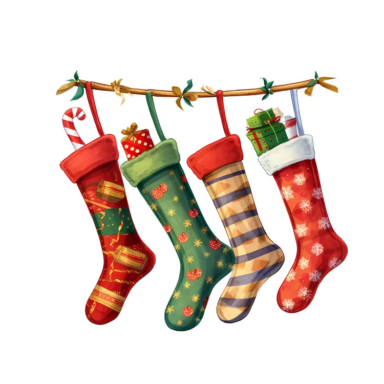 Colorful Christmas Stockings with Gifts and Candy Canes