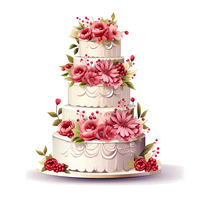 Charming Floral Wedding Cake with Pink and Red Flowers