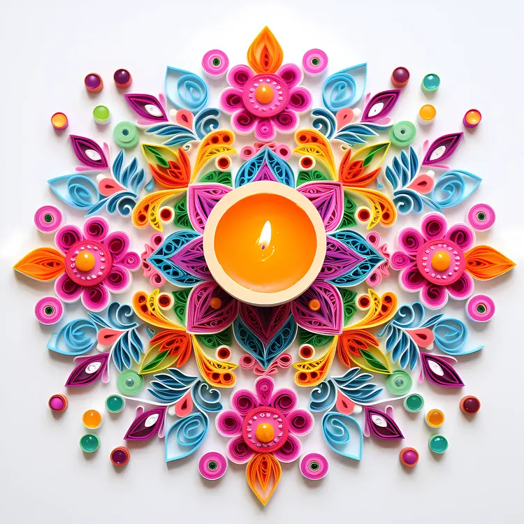 Colorful Candle and Floral Design for Diwali