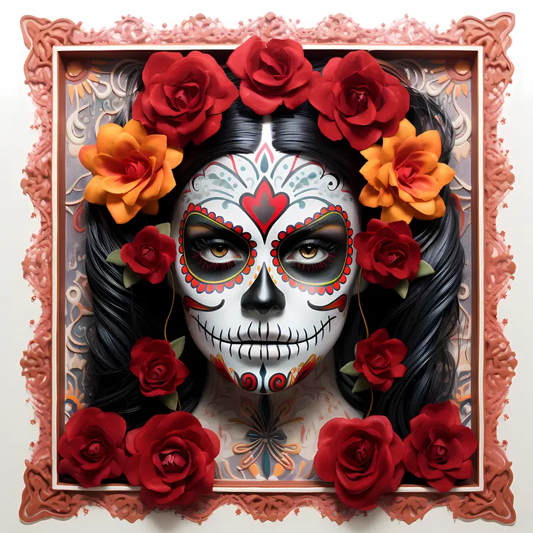 Decorative Face with Floral Frame for Day of the Dead