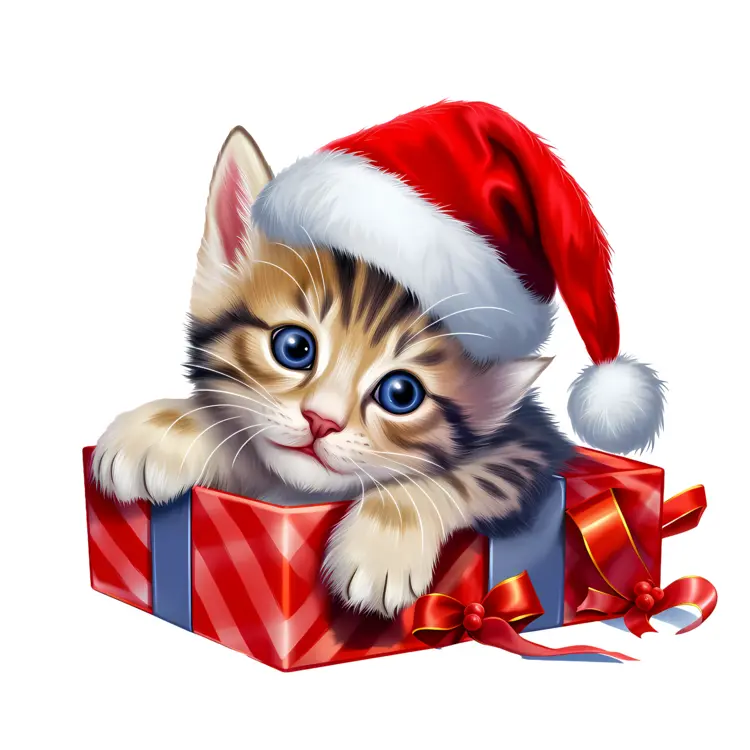 Kitten with Santa Hat in Gift Box