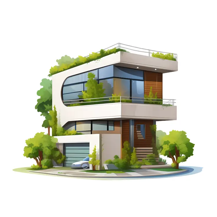 Contemporary house with greenery and garage
